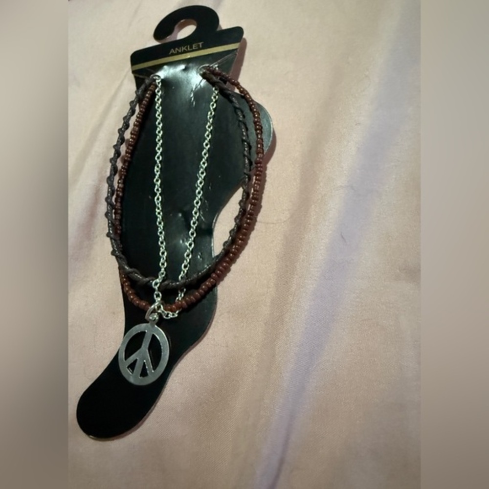 Brown and Silver Peace Sign Anklet NWT - Picture 1 of 5